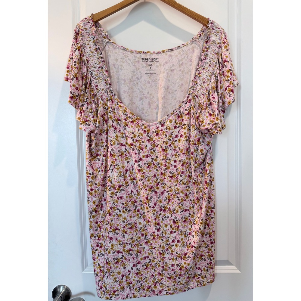 Torrid Super Soft Knit Floral Smocked Flutter Sleeve Top Pink Yellow Plus Size 4